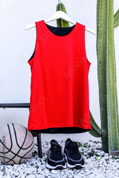 Fototapeta Vibrant Red Basketball Jersey Displayed With Ball and Sneakers