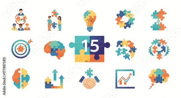 Fototapeta Illustrations depicting teamwork, collaboration, and problem-solving through puzzle pieces and icons