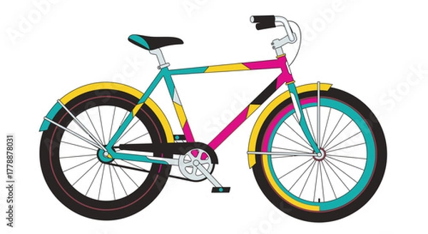 Fototapeta A visually striking cartoon bicycle with an eclectic color scheme against a white backdrop