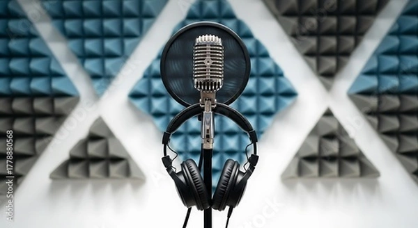 Fototapeta Professional recording studio setup featuring a classic microphone and headphones