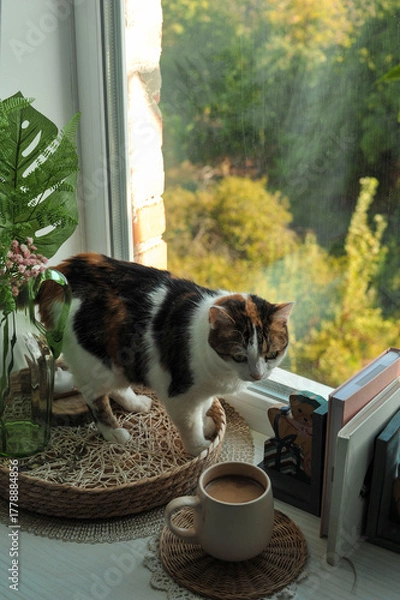 Fototapeta Autumn photo of a cat on a windowsill.
