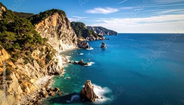 Fototapeta Dramatic Coastal Cliffs and Turquoise Ocean Waters Under a Bright Blue Sky with Wispy Clouds