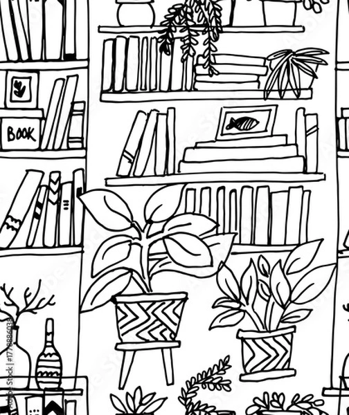 Fototapeta book shelves hand drawn seamless pattern, shelves are illustrated with a sketch-like, slightly imperfect line art style