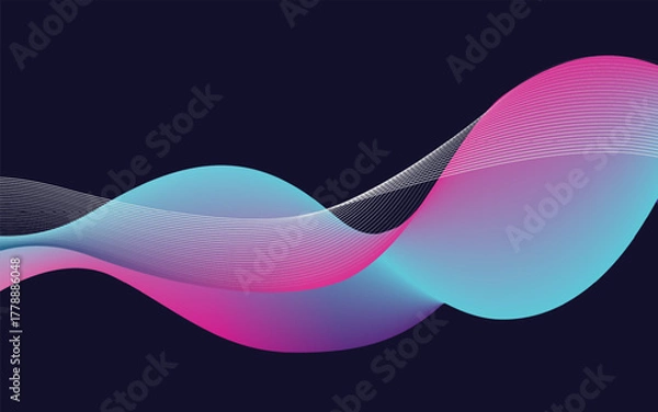 Fototapeta Vibrant abstract background with glowing neon waves in pink, purple, and blue on a dark navy backdrop. Modern, digital, and fluid motion design.