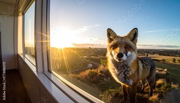 Fototapeta Fox Standing Outdoors During Sunset With Golden Hour Lighting And Snow On Fur With Window View Of Landscape