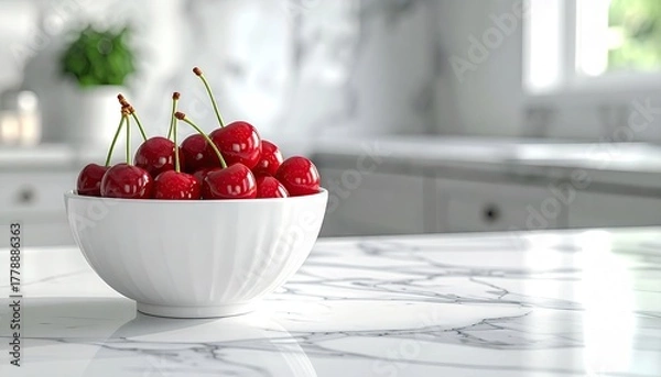 Fototapeta Fresh Cherries In A White Ceramic Bowl On A Marble Countertop With Natural Window Light And Blurred Greenery In The Background