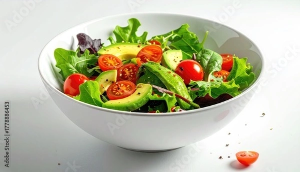 Fototapeta Fresh green salad in a white bowl with avocado cherry tomatoes and mixed greens served on a clean white surface with scattered seeds and a bright studio light