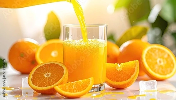 Fototapeta Fresh Orange Juice Poured into a Glass Surrounded by Oranges and Ice Cubes in Bright Sunlight