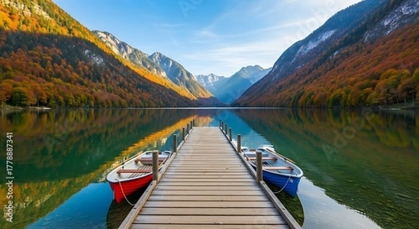 Fototapeta Golden Autumn Scenery A Peaceful Lake, Dock, and Boats Nestled Between Majestic Fall Mountains