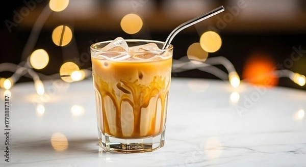 Fototapeta Refreshing iced coffee drink with creamy milk layers and a metal straw, beautifully illuminated by warm bokeh lights for a cozy ambiance