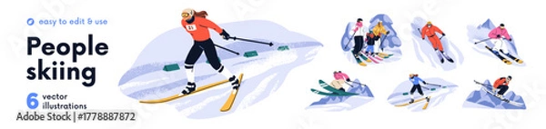 Fototapeta People skiing set. Skiers sliding downhill, down slope at ski resort. Extreme sport, freeride, jumping on snowy winter holiday outdoors. Flat graphic vector illustration isolated on white background