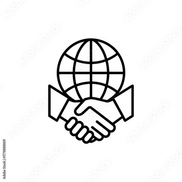 Fototapeta Global business partnership handshake illustration representing international collaboration and success with a world globe icon and clean design aesthetic