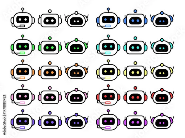 Fototapeta カラフルなAI・チャットボットロボットアイコンセット | 9色展開のテクノロジーアイコン