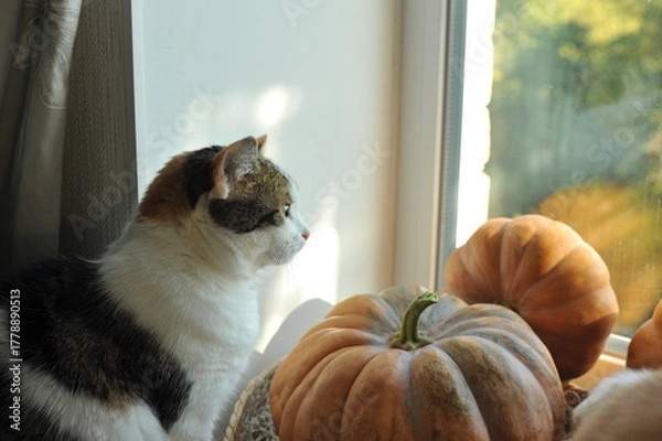 Fototapeta Autumn photo of a cat on a windowsill.
