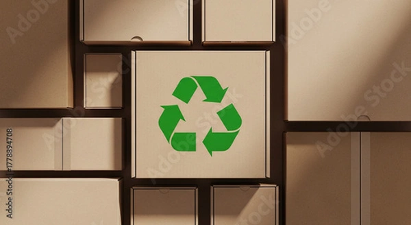 Fototapeta Cardboard boxes arranged with a prominent green recycling symbol at the center
