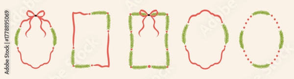 Obraz Christmas frame set with fir branches, ribbons, bows, and playful doodle lines. Festive vector design ideal for New Year invitations, greeting cards, posters, and decorations.Vintage hand-drawn style.