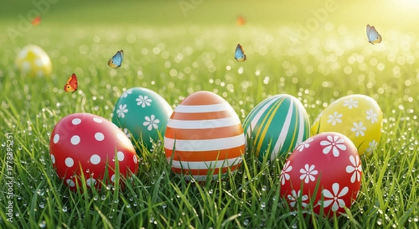 Fototapeta Colorful easter eggs scattered on a lush green grassy field with butterflies