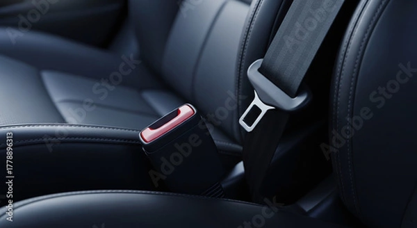 Fototapeta Close up of a modern car s black leather seat with a fastened seatbelt and buckle