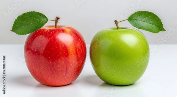 Fototapeta Two fresh apples one red and one green displayed side by side with stems and leaves