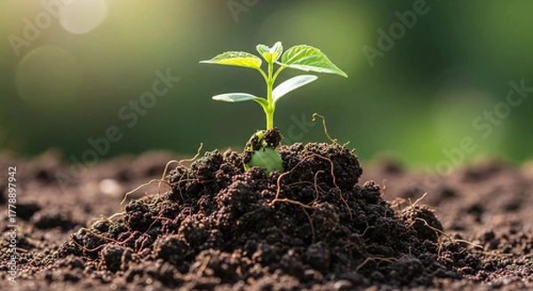 Fototapeta A young sapling sprouts from rich soil under warm sunlight symbolizing growth and new beginnings