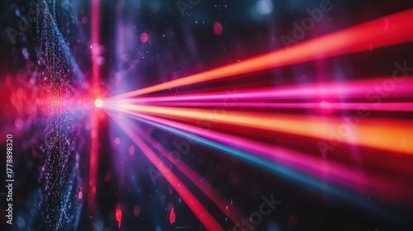 Obraz Laser coherence length demonstration with radiating beam patterns creating vibrant interference fringes in red pink orange blue spectrum against dark background