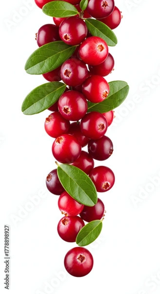 Fototapeta Vibrant red cranberries with fresh green leaves cascade downwards against a clean white background