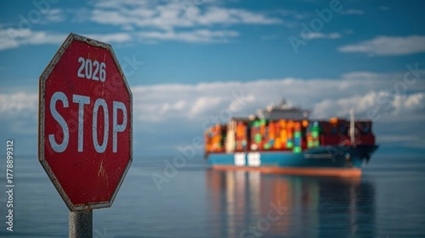 Fototapeta A stark stop sign stands defiantly against the backdrop of a distant cargo ship in 2026, symbolizing trade barriers and global challenges