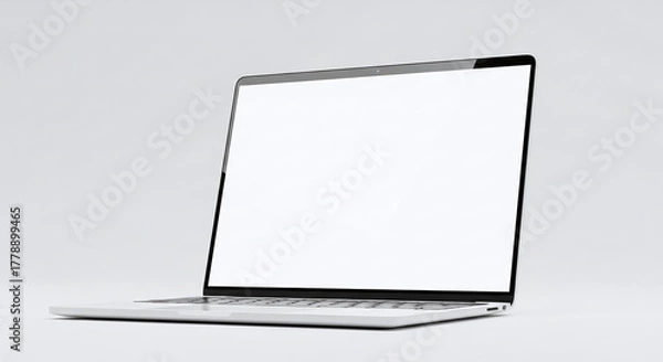 Fototapeta Modern sleek silver laptop with blank white screen on a clean light gray background