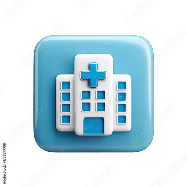 Fototapeta Light-blue square icon; stylized hospital building with white outline and light-blue accents