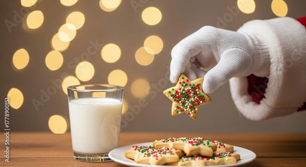 Fototapeta Santa claus offers a decorated star cookie to a glass of milk with festive bokeh lights