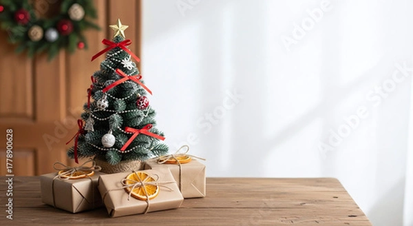 Fototapeta Festively decorated miniature christmas tree adorned with ornaments and gifts on a wooden surface