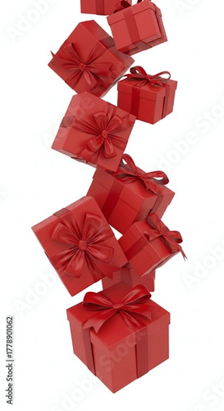 Fototapeta A cascading tower of vibrant red gift boxes with satin bows falling against a white background