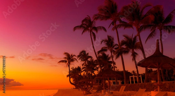 Obraz Banner Summer with sunset scene as palm trees on the beach background