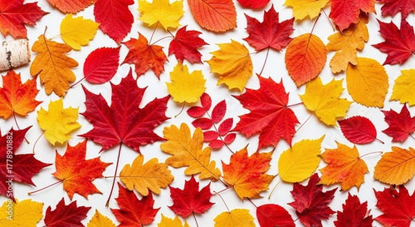 Fototapeta Vibrant autumn maple leaves displayed in a colorful array on a white background