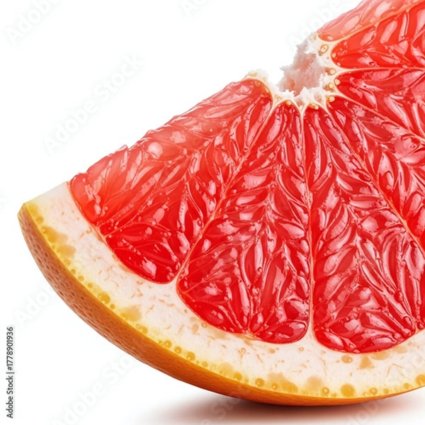 Fototapeta Close up of a juicy pink grapefruit slice with vibrant segments and textured rind