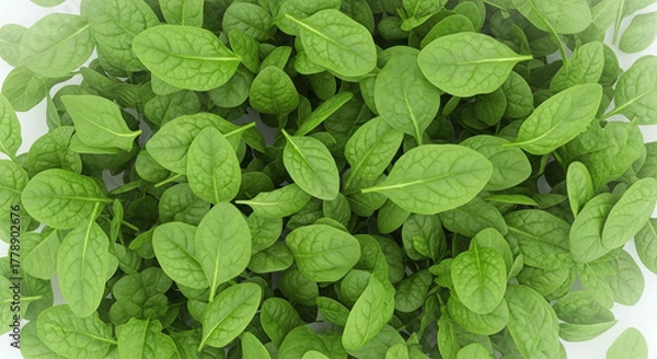 Fototapeta A close up overhead view of a pile of fresh vibrant green baby spinach leaves