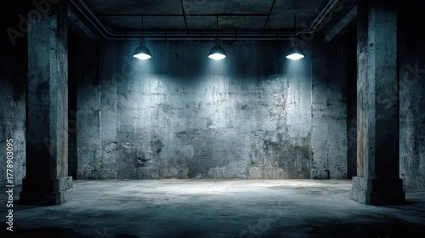 Obraz Eerie underground parking lot with concrete pillars and dim lighting, creating a sense of mystery and urban decay