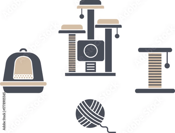 Fototapeta Cat Care Icons Cat Tree, Litter Box, Scratching Post, Ball of Yarn