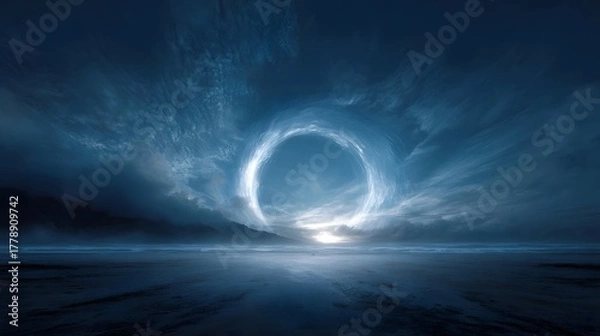 Fototapeta A dramatic glowing portal of swirling energy opens in an ethereal blue sky above a dark reflective landscape