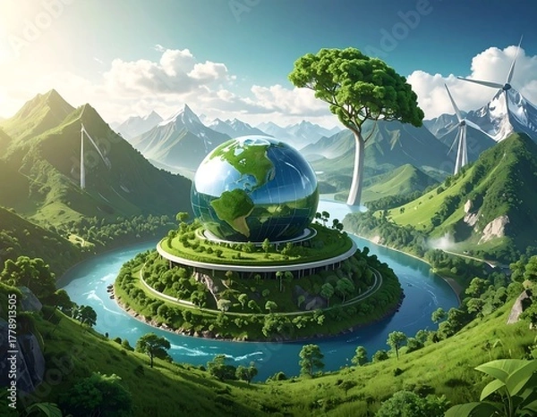 Fototapeta Lush, circular island with globe, tree, mountains, water, and wind turbines