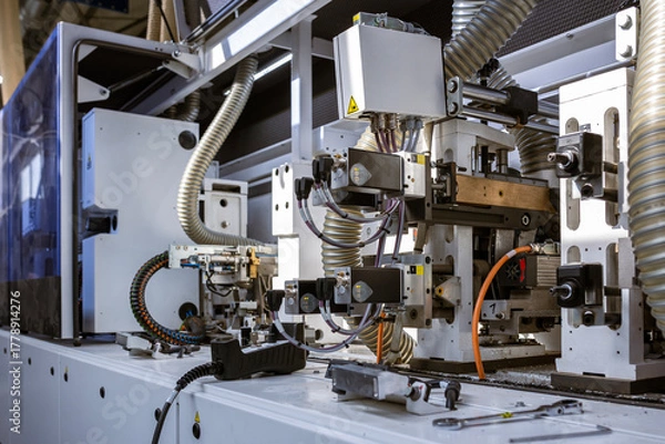 Fototapeta A close-up view of the internal mechanics of an automated edge banding machine. It shows various motors, wiring, and corrugated hoses for dust collection in a furniture factory.