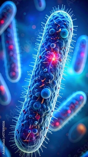 Fototapeta Microscopic view of elongated, detailed blue bacteria with intricate structures