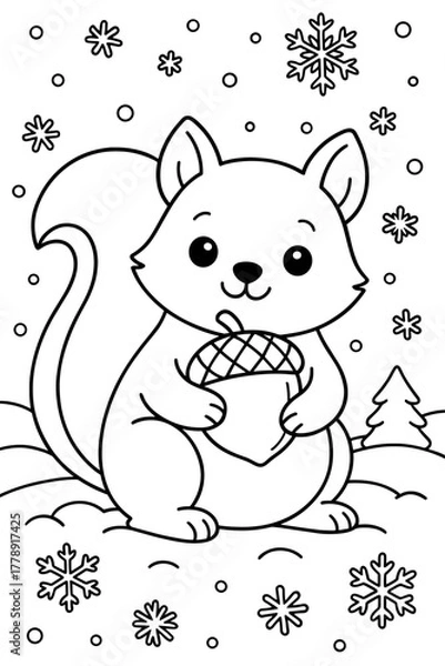 Fototapeta Cute squirrel holding an acorn in the snow with falling snowflakes  for coloring  