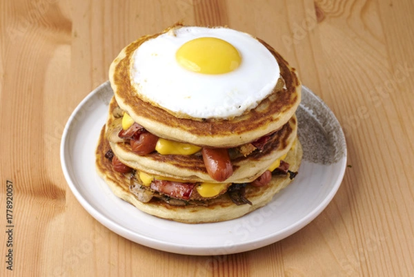 Obraz Pancake Toast Poulet pané et panko, bacon, saucisses et Œuf au plat