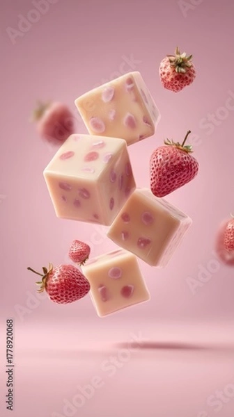 Obraz Elegant Floating Composition of Strawberries and Cube Shapes