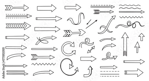 Fototapeta Set of hand drawn arrows collection of doodle sketch pointers, vector illustration line art direction signs