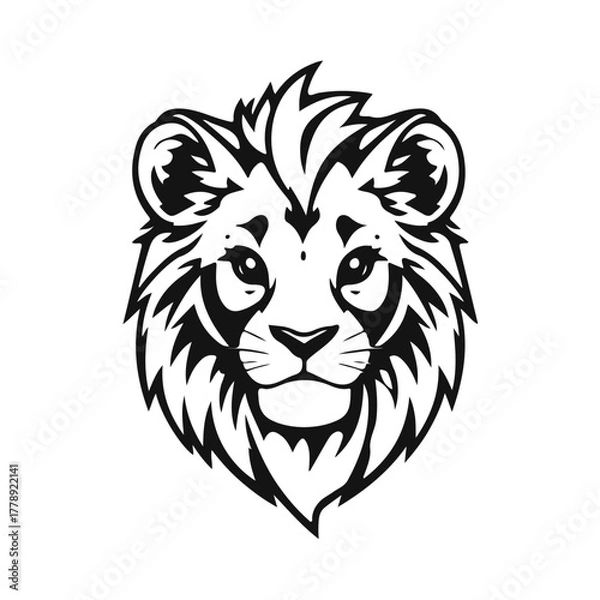 Fototapeta Vector illustration of lion head in black and white, wild animal portrait, wildlife symbol, lion head, wild cat, jungle animal, safari art, predator face