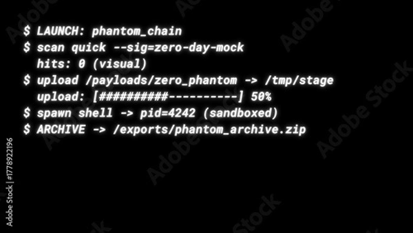 Fototapeta Mockup Hacker Terminal Screen with Cyber Attack Simulation terminal command. - White neon text