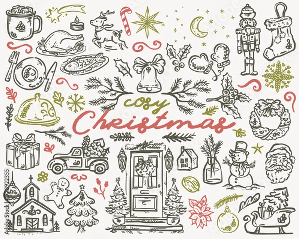 Obraz Cosy Christmas - cute hand-drawn vector illustration set, whimsical style
