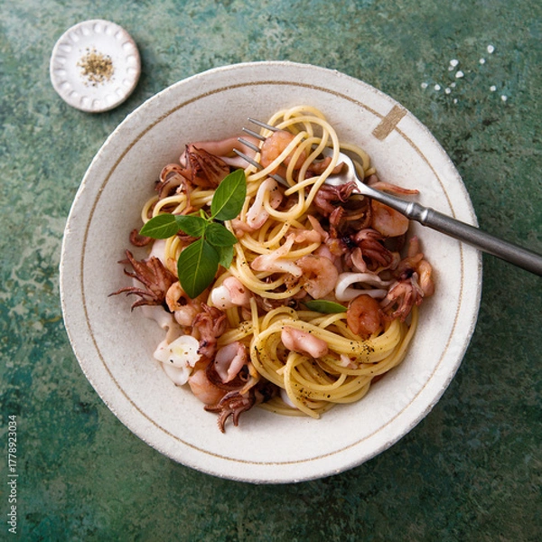 Fototapeta Spaghetti with seafood and basil